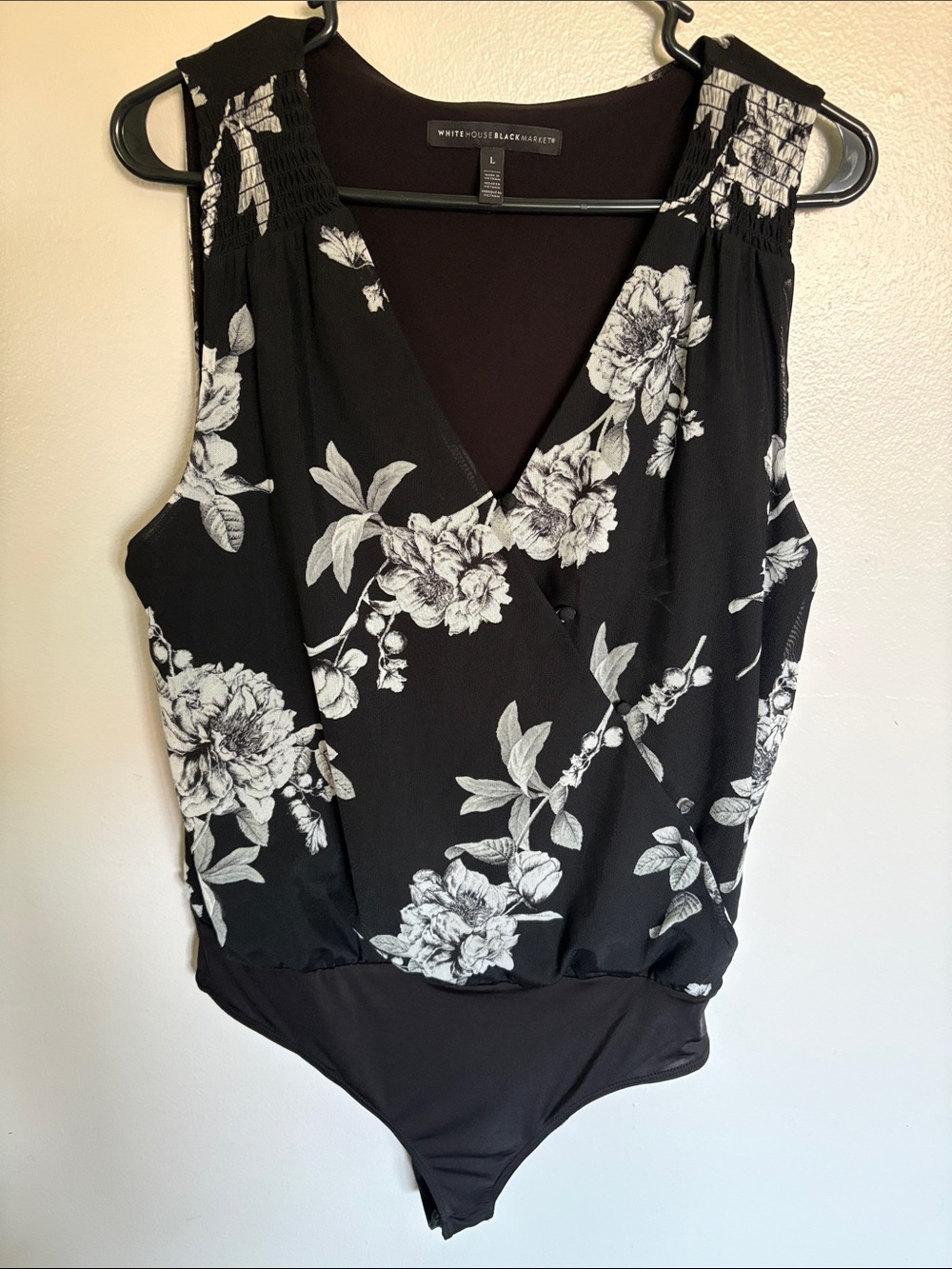 White House Black Market Black & White Floral Surplice Sleeveless Bodysuit